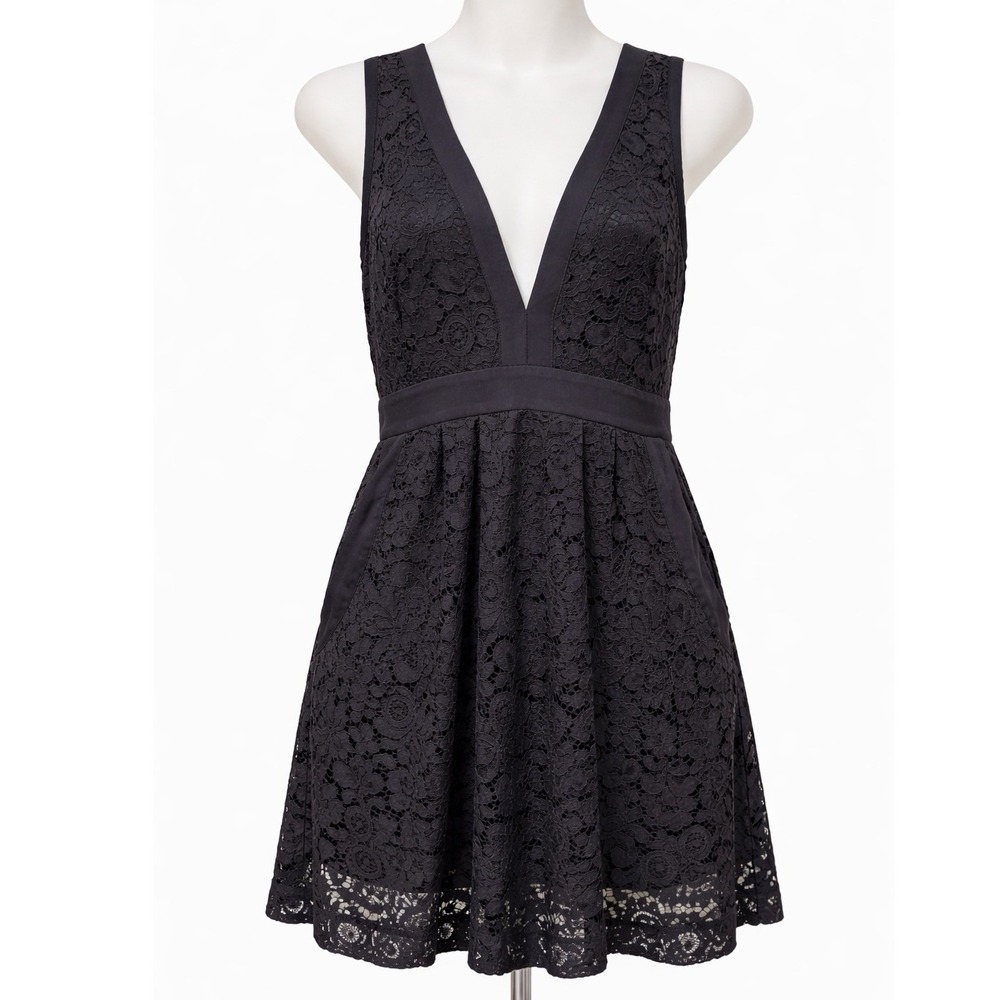 Free People Black Lace Deep V-Neck Mini Dress Crisscross Back Size S OB403332